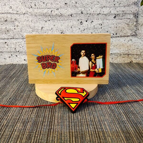 Super Man Rakhi with Wooden Photo Frame